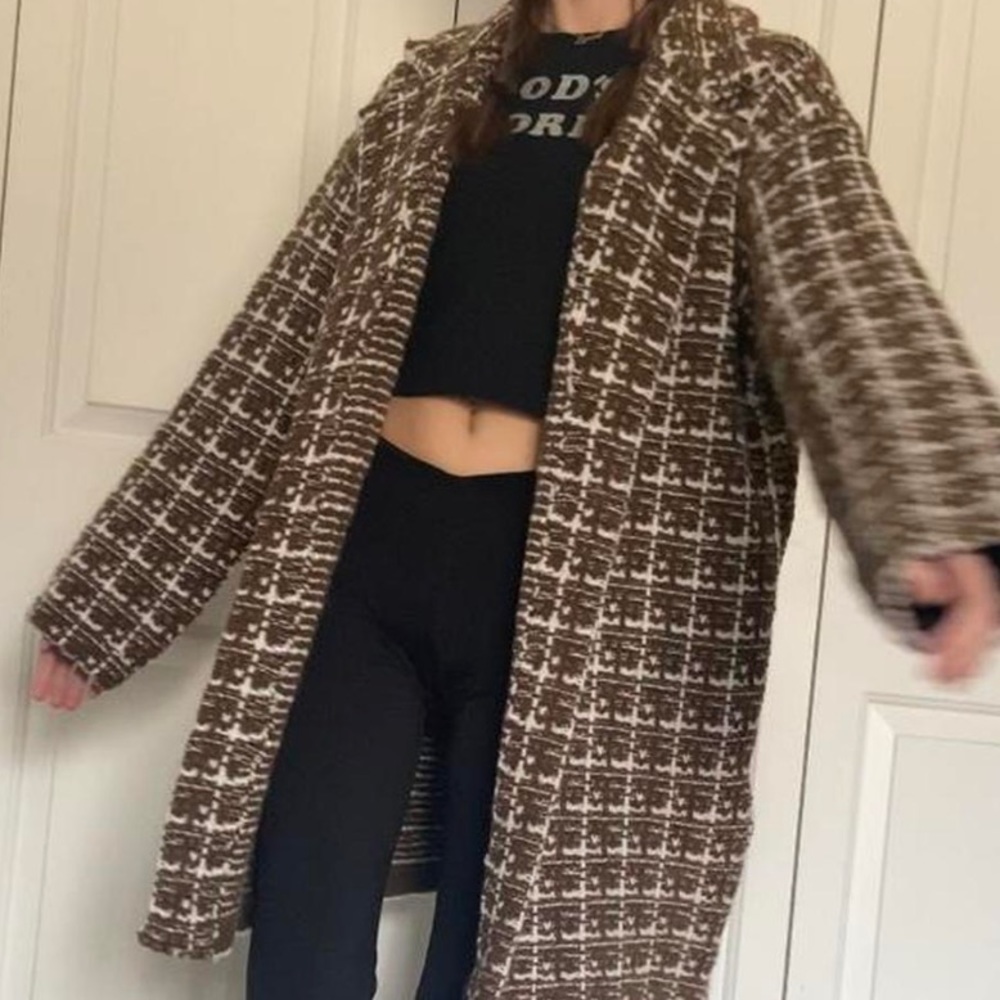 Brown & white collared casual cardigan / jacket / pea coat in size small